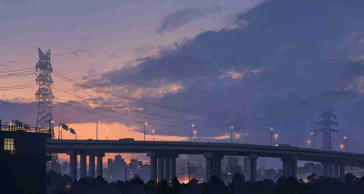 城市夜景 晚霞 高架桥 输电线