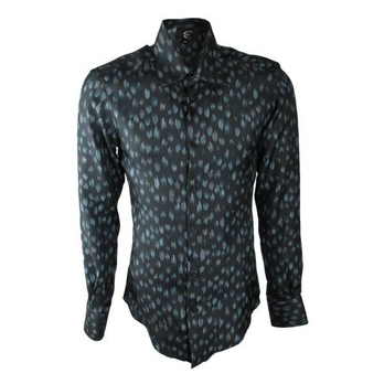 ·卡沃利 男士黑底蓝花真丝长袖衬衫 02625-7