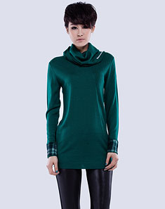 X-MOOM 绿色高领时尚修身长款长袖毛衣 - 毛