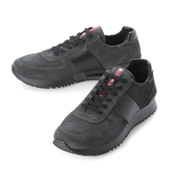 Prada深灰色反皮红标男士运动休闲鞋 - 男士休