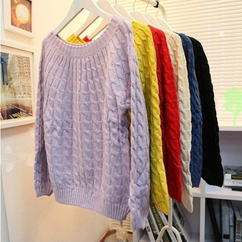 <em>麻花针</em>纯色圆领长袖<em>毛衣</em> - 针织衫/女士上衣/女