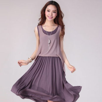 【蒂妮佳】披雪纺假两件连衣裙(紫咖色) - 连衣