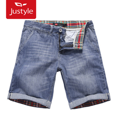 蓝调都市腰里撞色磨白翻边折叠男士<em>牛仔短裤</em>5