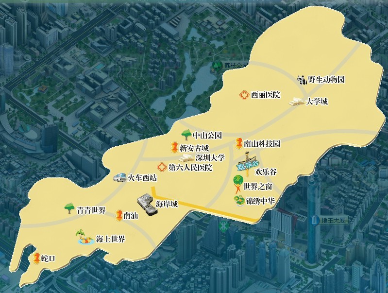 南山区位于广东省深圳经济特区西部,北纬 22°24′至22°39′,东经113