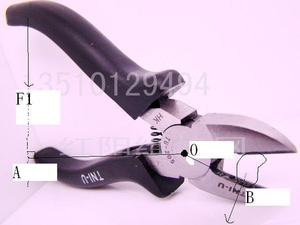 一根老虎钳在夹一种物品,指出杠杆工作时的支