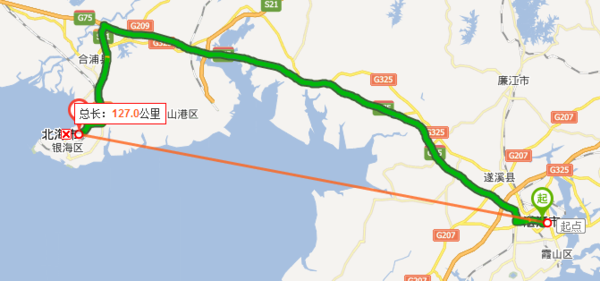 广东湛江至广西北海南珠客运站有多少公里?_