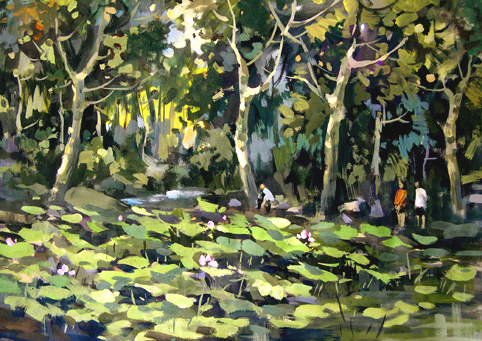 水粉画下日午后的公园_360问答