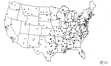 图10是美国本土某种工业生产的分布图,读图并