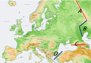 图为欧洲地形图,在其右侧为亚欧大陆分界线.请