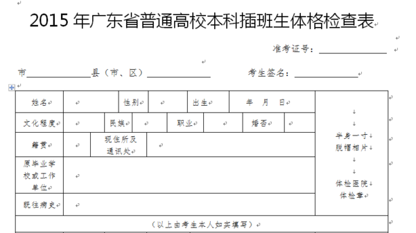 2015年广东专插本体检表基本信息填写样板咨