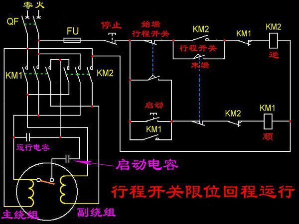 触器和两个行程开关控制单相电机自动正反转_