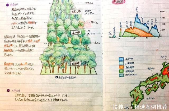 日本高中生展示课堂笔记, 彩图插画、中文标注