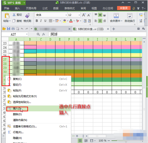 wps office 2012个人版的excel中怎么样同时插入几行几列呢?