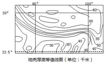 下图是某区域地壳厚度等值线图,读图回答下列