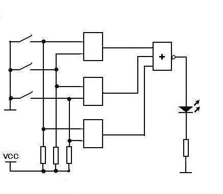 三个按键三人表决器 3个二输入与门,1个三输入