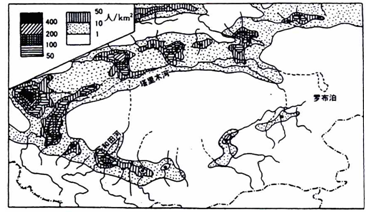 读新疆南部人口密度分布图,回答问题。1.该地