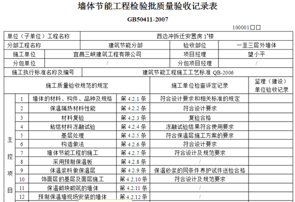 墙体节能工程检验批质量验收表里面的验收部位