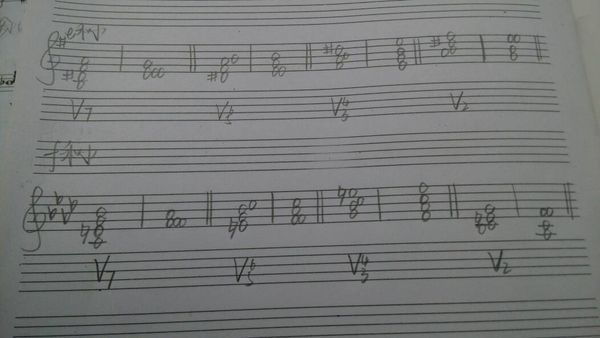 在e,f和声小调中构成属七和弦及其转位,并解决