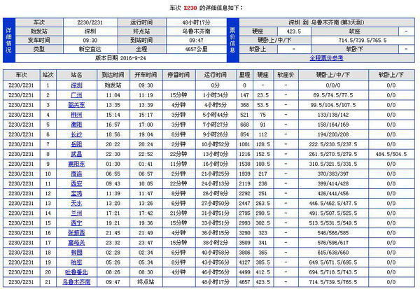 z230次列车时刻表z230次列车票价