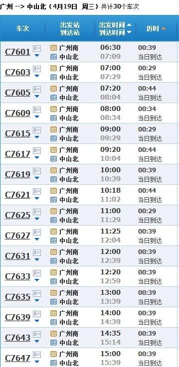 2017年4月19日广州南站到中山北站轻轨时刻表