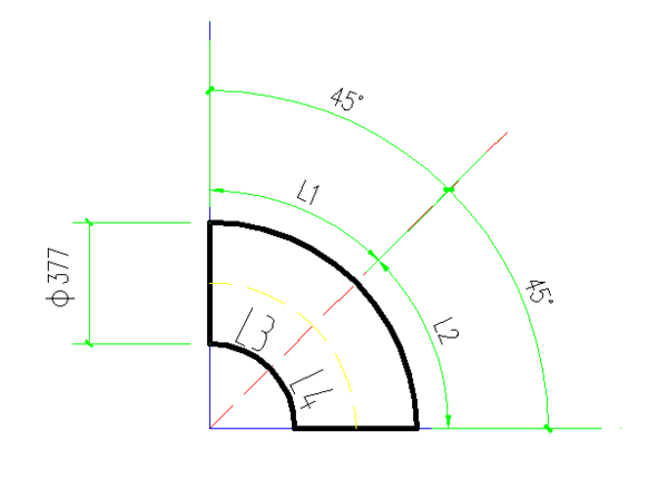 直径377的90度弯头改成两个45度的怎么改急_
