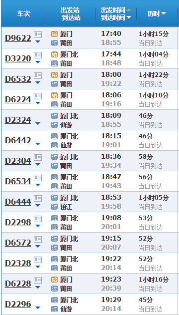 12306厦门到仙游动车时刻表查询