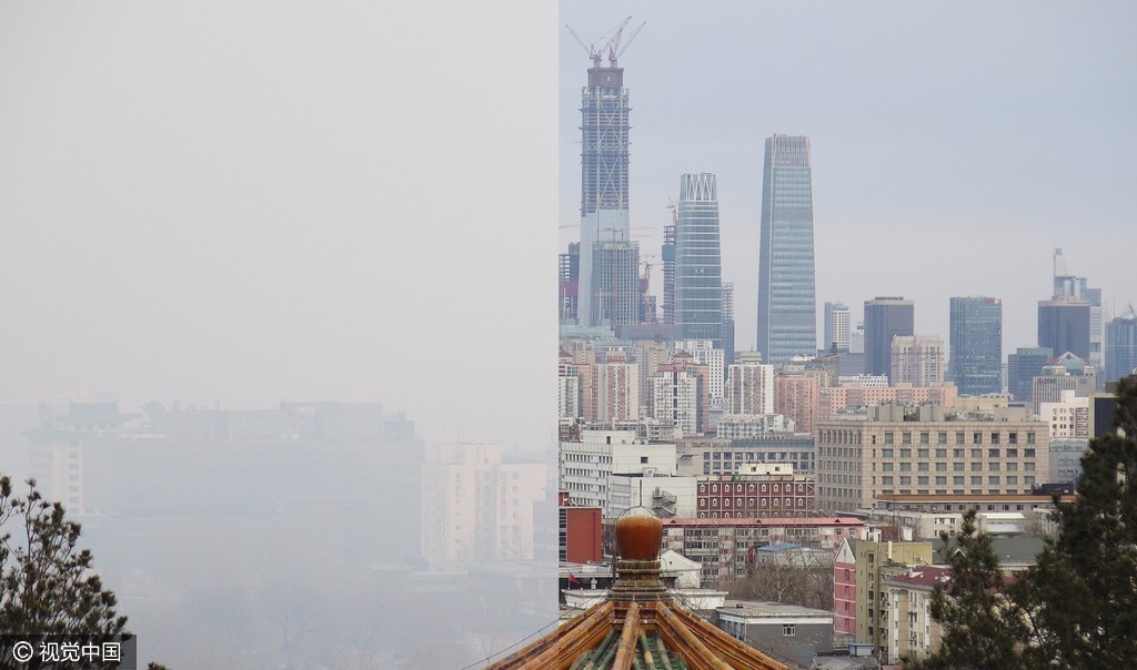 北京重污染黄色预警解除前后对比:像掀开一层帐
