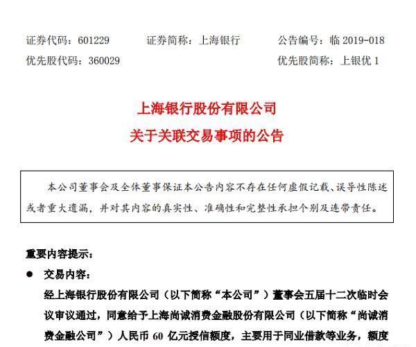 尚诚消费金融获大股东上海银行60亿元授信 额