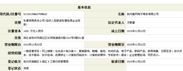 杭州工商局注册公司查询嘉网电子商务有限公司