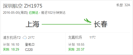 深圳航空zh1975上海到长春飞机飞行状态