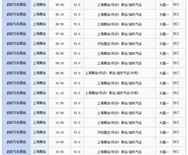 启东到上海南站汽车时刻表?