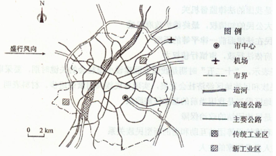 图示意某城市交通、工业区的分布。读图,完成