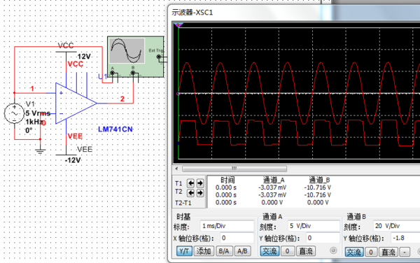 在MULTISIM软件中,利用LM741设计一个过零比