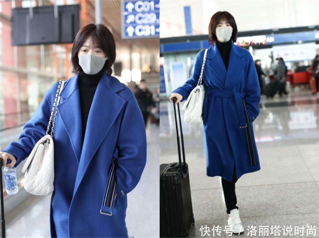 蒋欣剪短发了,穿蓝色大衣现身机场女人味十足