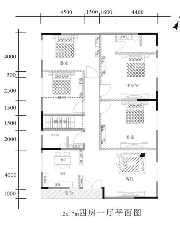 求120平方农村房子设计图,要求四房一厅,主人房一个,中房两个,细房一