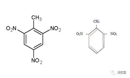 tnt炸药(左)的微观分子式,三硝基甲苯与二硝基甲苯,差了一个硝酸根