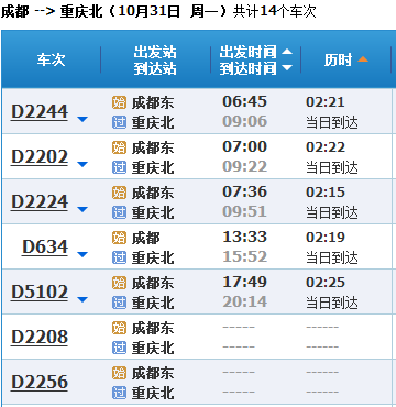成都至重庆北动车时刻表