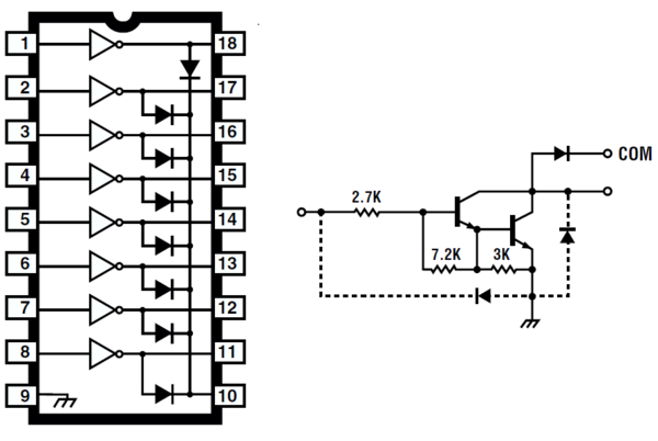 ULN2803如何工作,及其工作原理,11到18脚能过