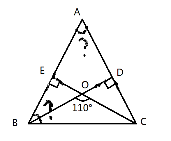 如图,在三角形abc中,ab=ac,bd垂直ac于d,ce垂直ab于e,若角boc=110度